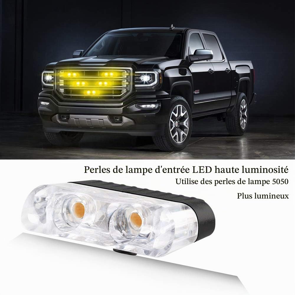 8 in 1 LED Lumières Stroboscopiques D'urgence pour Camion Véhicule Avertissement Clignotant Grille de Guide Flash DRL Police Voiture Moto DC12V Télécommande Sans Fil (Ambre)