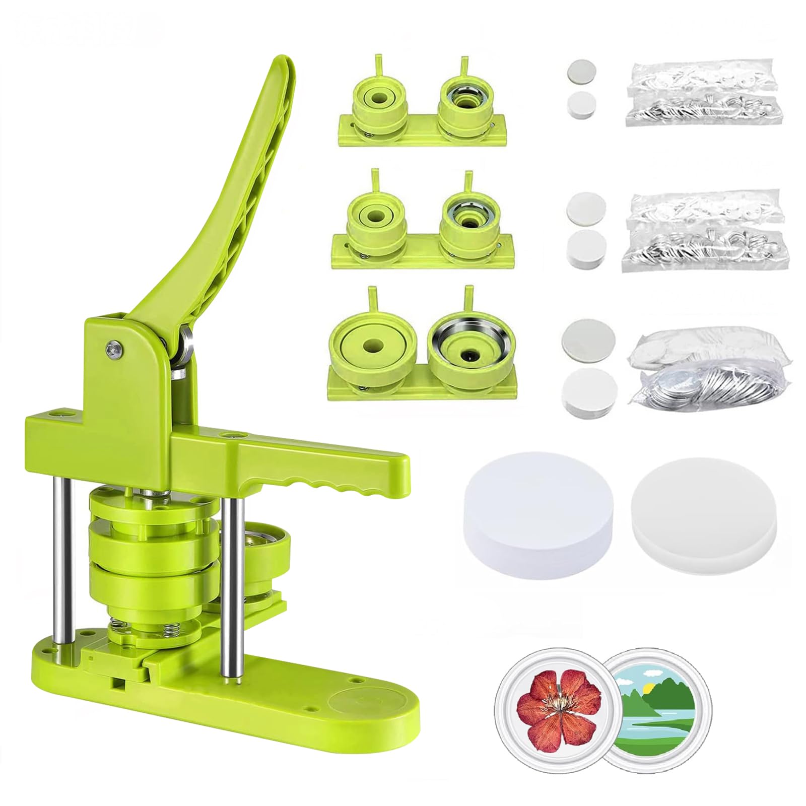 3-in-1 DIY-Anstecknadelmaschine für 25 32 58 mm-Anstecknadeln, drei Größen und Formen, inklusive 100 hochwertigem Zubehör.