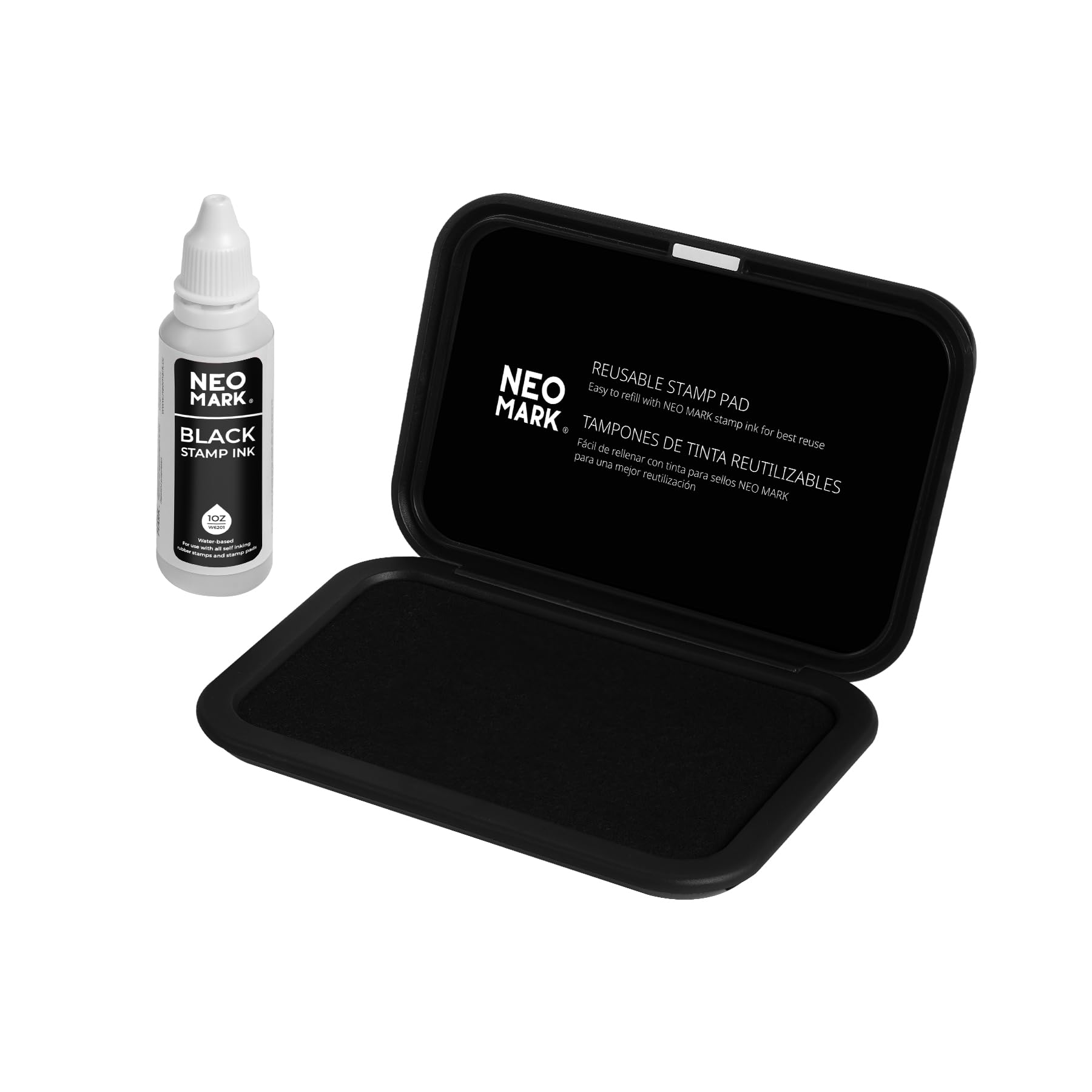 NEO MARK Kit de almohadillas para sellos (tinta de 1 onza incluida) – 4.4 x 2.3 pulgadas, tapa magnética, almohadilla de fieltro de alta calidad (negro)