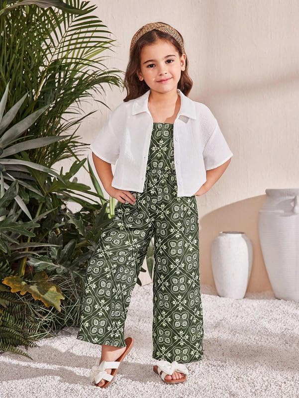 PABROS Girls Summer Two-Piece Set, Olive Green Floral Print Jumpsuit with White Cropped Shirt, Cotton Blend Resort Wear (3-4 Years) 3