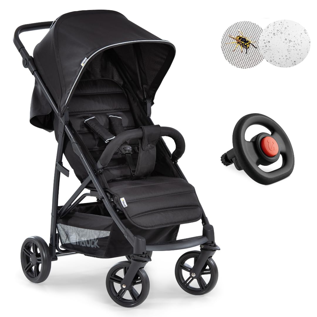 hauck Passeggino Compatto Rapid 4 Con Volante per Bambini e Pacchetto XXL (Zanzariera e Parapioggia) - Buggy Con Funzione Reclinabile, Leggero e Pieghevole - Caviar Nero