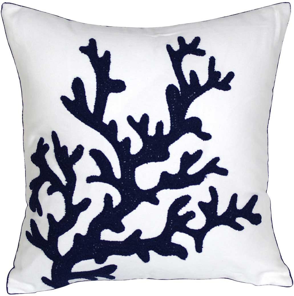 Embroidered Nautical Decor Pillow Cover,Square 18 Inches Decorative Canvas Pillow Cover for Nautical Style Deco by (Navy-Coral)