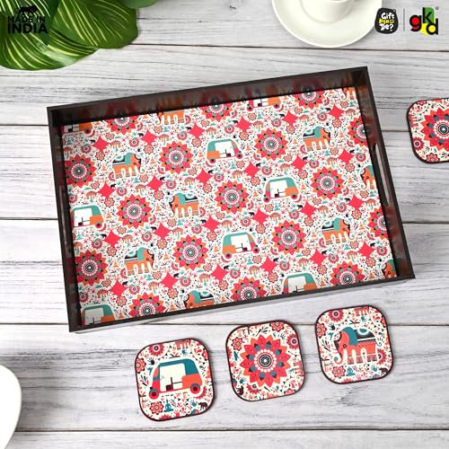 Image of GKD Wooden Serving Tray with Vibrant India Design | Set of 5 (1 Tray + 4 Coasters) | Premium MDF | Rectangular Decorative Tea Coffee Serving Tray | Multicolor Large | Made in India (Vibrant India)