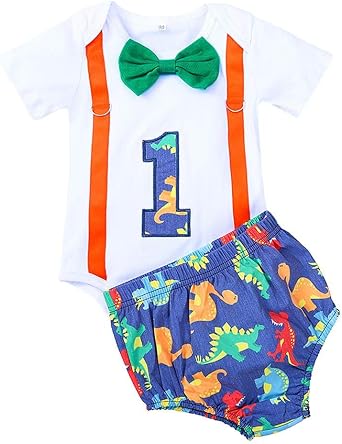 IDOPIP Baby Boys 1st Birthday Cake Smash Outfit Bowtie Romper Suspenders Shorts Pants Formal Suit Clothes for Photo Shoot