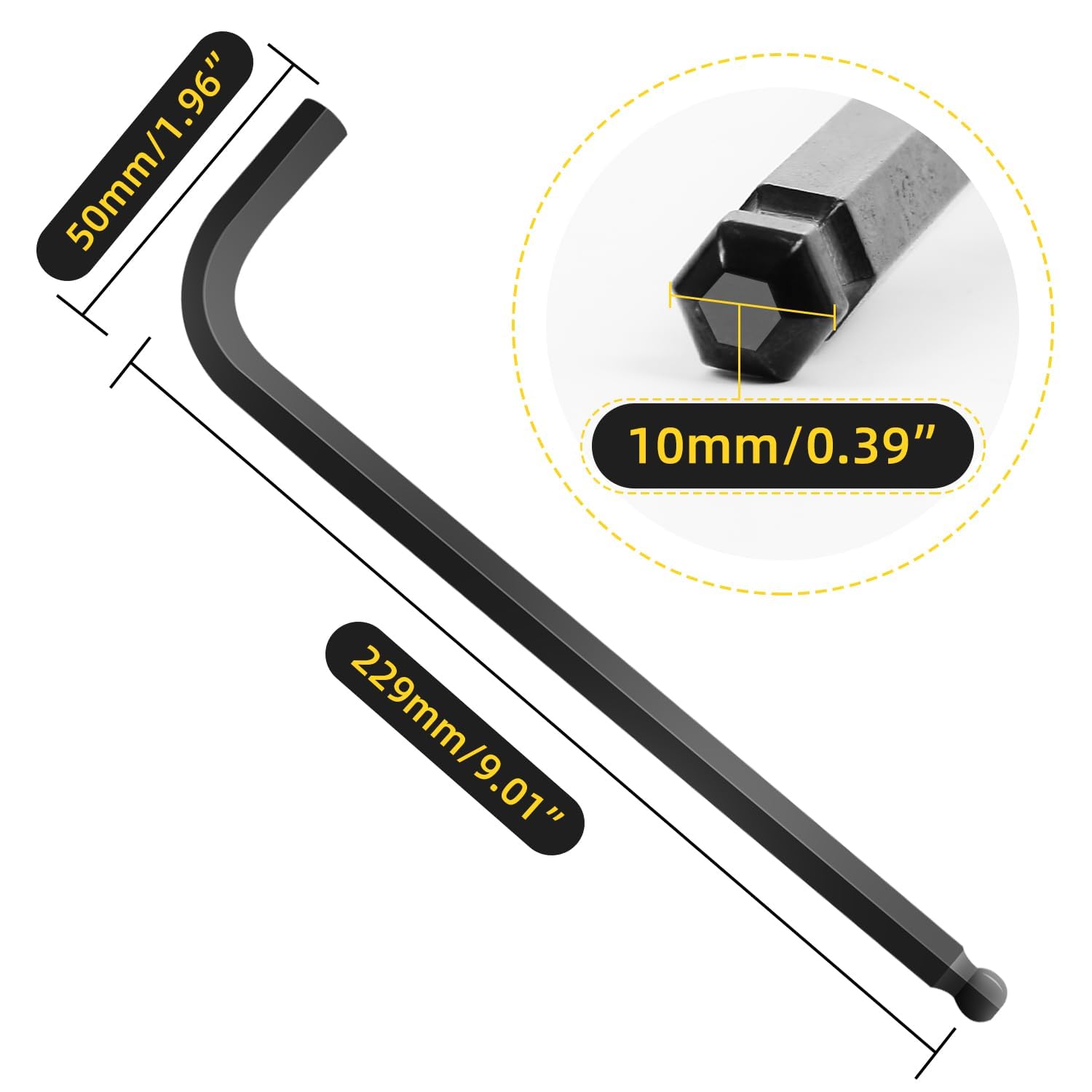 Llave Allen hexagonal con extremo de bola de 10 mm, brazo extralargo en forma de L, herramienta de reparación de acero CRV resistente, 6 piezas, color negro