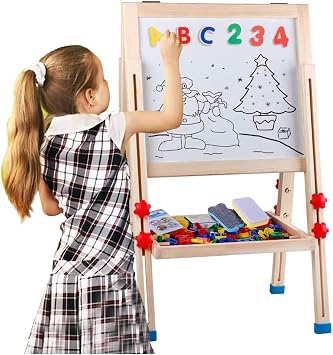 Wooden Art Easel for Kids (Double Sided) - Standing Magnetic Whiteboard Chalkboard Small Toddler Toys PM-048-K