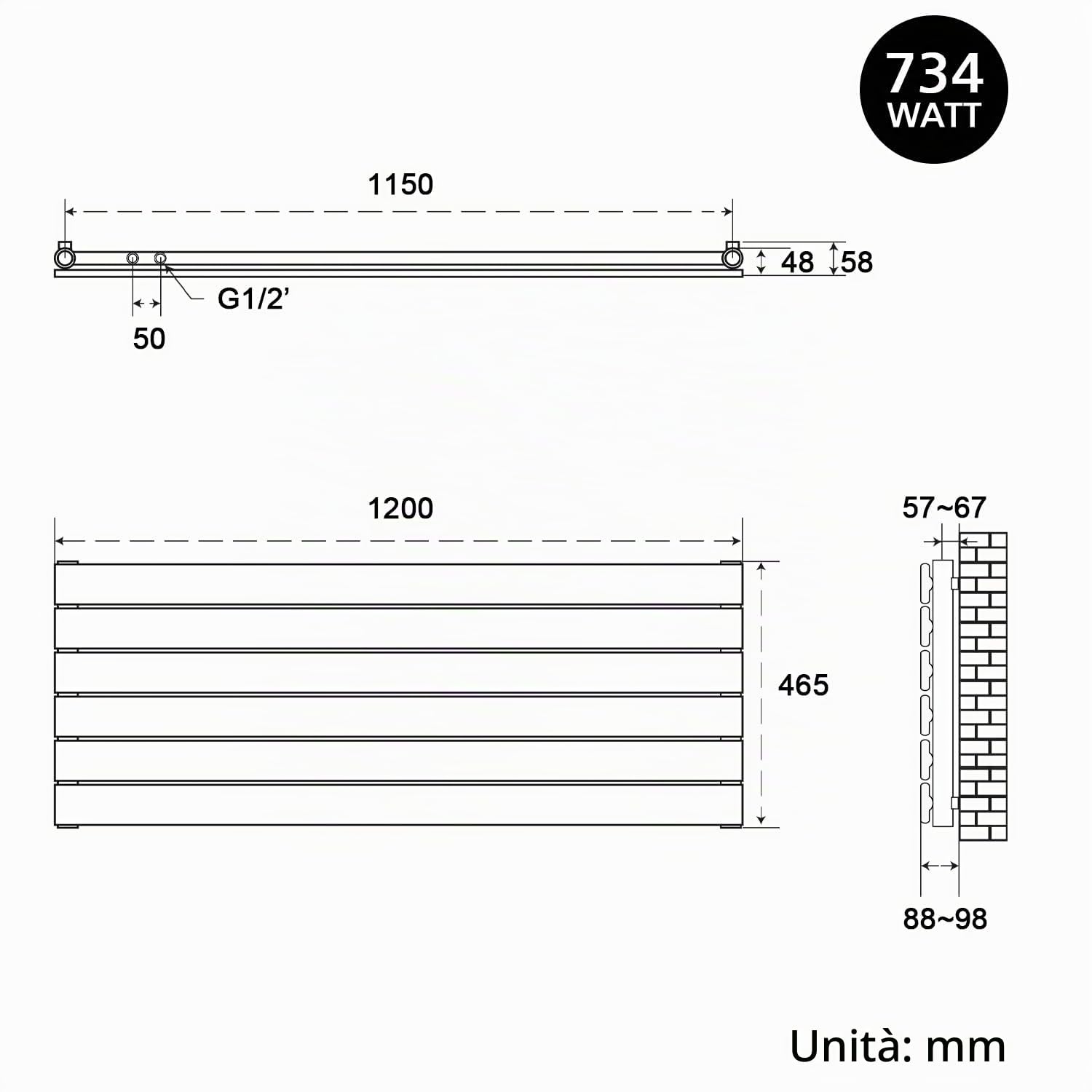 SONNI Termoarredo Design Piatto 1200x465mm Bianco 734W Orizzontale | Radiatore Piatto Monostrato 734W Per Bagno, Collegamento Laterale, Design Salvaspazio Per Ambiente Moderno
