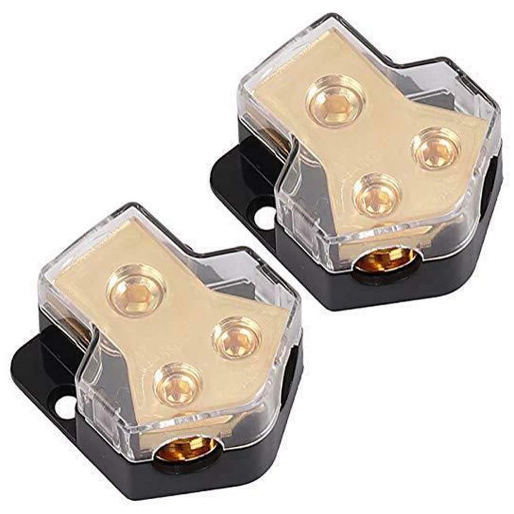 2 Way Power Distribution Block, 1x 0/2/4 AWG Gauge in / 2X 4/8/10 Gauge Out Amp Power Distribution Ground Distributor Connecting Block for Car Amplifier Audio Splitter 2 Pack
