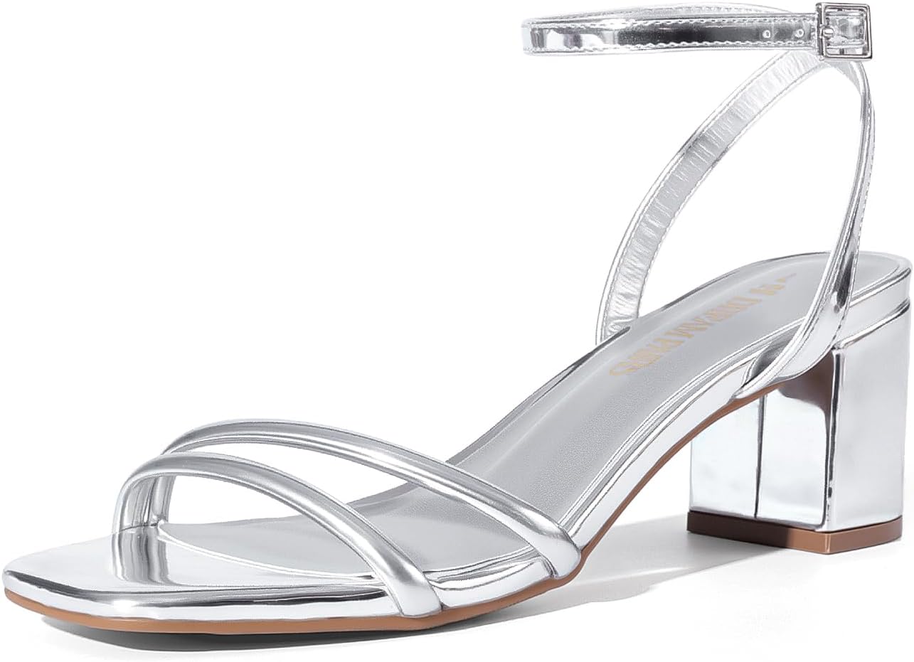 DREAM PAIRS Women's Chunky Strappy Heels Square Open Toe Ankle Buckle Low Heels Sandals for Daily Wedding Party Dress