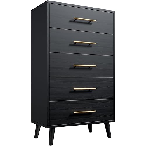 Aiho 5 Drawer Dresser, Tall Chest with Metal Handles, Wood Storage Organizer for Bedroom, Hallway, or Living Room, Black