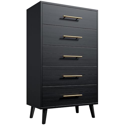 5 Drawer Dresser, Tall Chest with Metal Handles, Wood Storage
