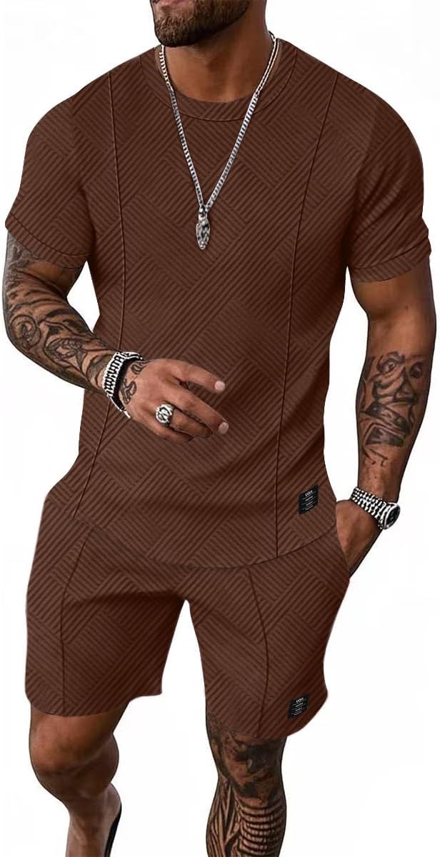 UOUA Mens Short Sets Summer 2 Piece Outfits Casual Short Sleeve Jogging Tracksuits
