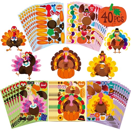 Hebayy 40 Sheets Thanksgiving Crafts, Make Your Own Turkey Stickers Happy Thanksgiving Fall Autumn DIY Activities for Party Favors, Games, Decorations