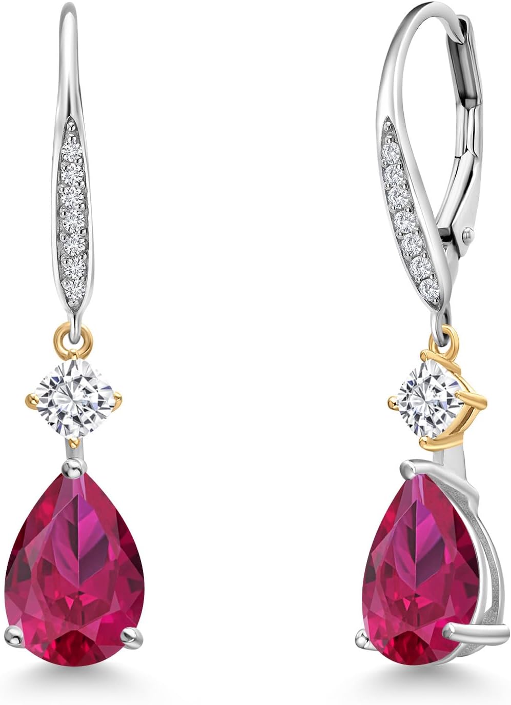 Gem Stone King 925 Silver and 10K Yellow Gold Gemstone Birthstone Moissanite and Lab Grown Diamond Drop Dangle Earrings for Women | Pear 10X7MM | Cushion 3.5MM | 2-Tone Leverback Fine Earrings