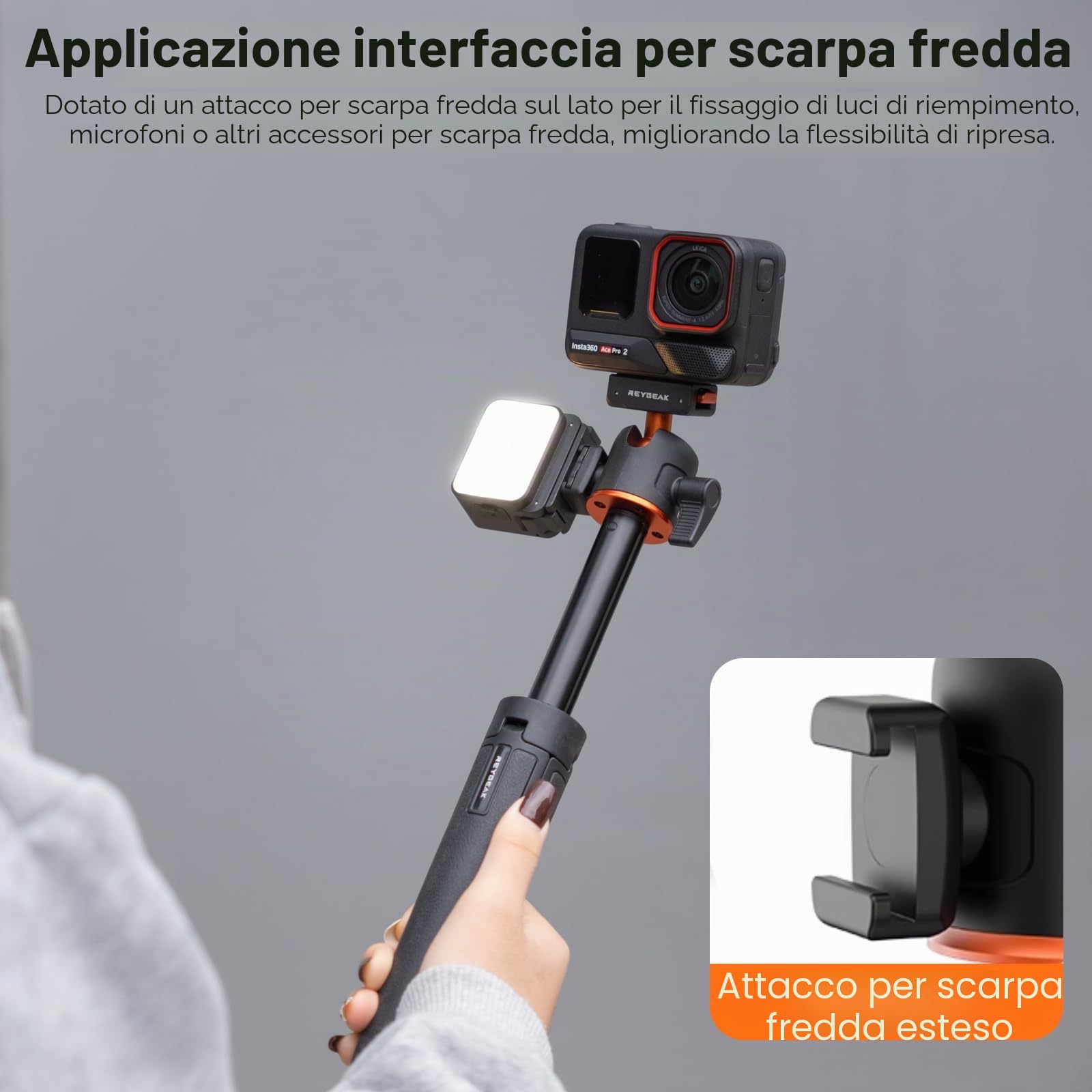 REYGEAK 55cm Treppiede Estensibile Selfie Stick per Insta360 X5/X4 Air/Ace Pro 2, con Scarpa Fredda e Adattatore a Sgancio Rapido per Montaggio Insta360