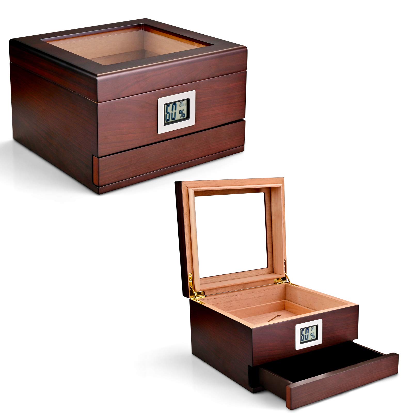 CIGARLOONG Cigar Humidor Cedar Wood Retro Cigar Box with Electronic Hygrometer Hold up to 25-50 Cigars
