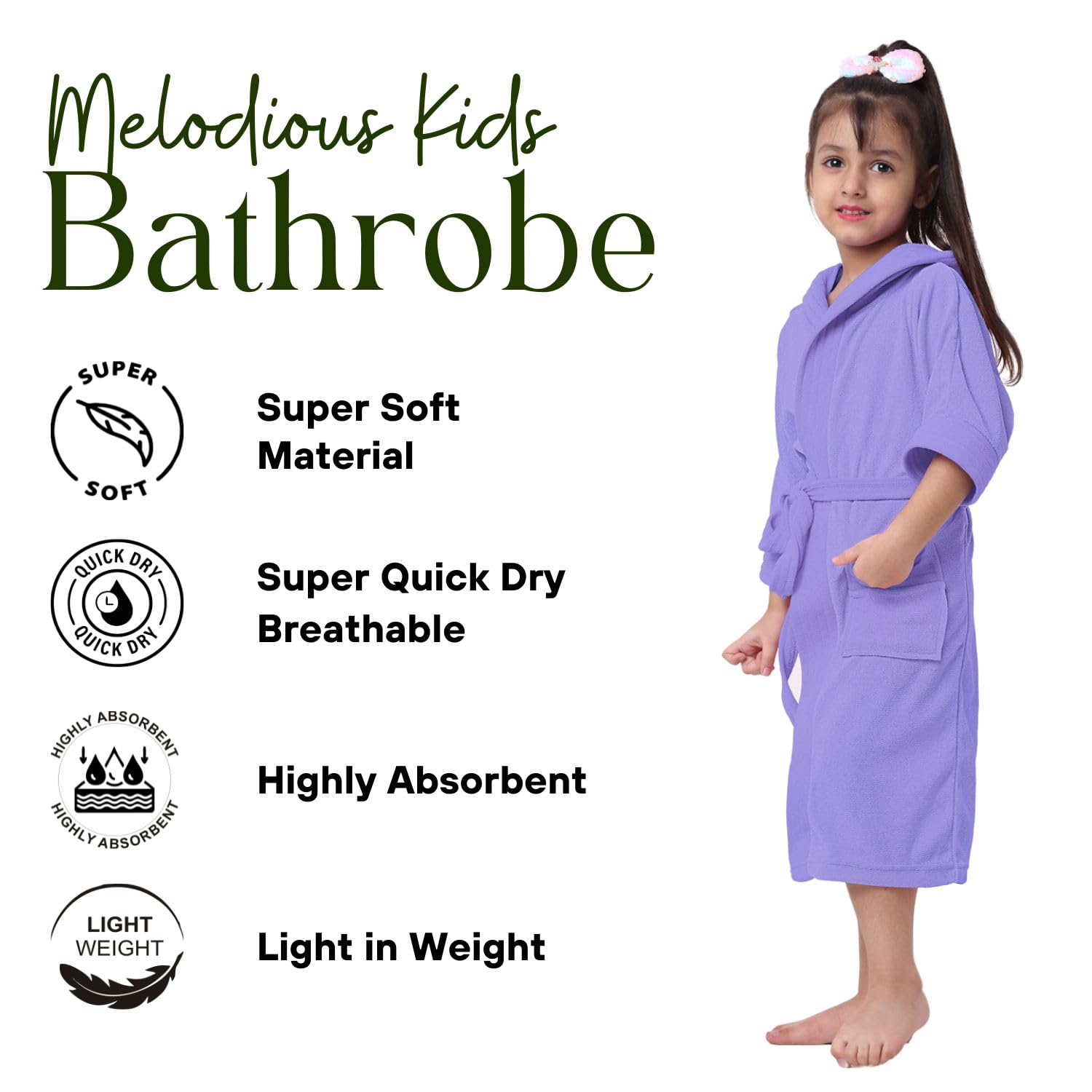 Premium Melodious Unisex Hooded Children's Bathrobe - Cozy and Absorbent Robe with Adjustable Belt and Pocket for Kids Ages 14-15 Years (Lavender)