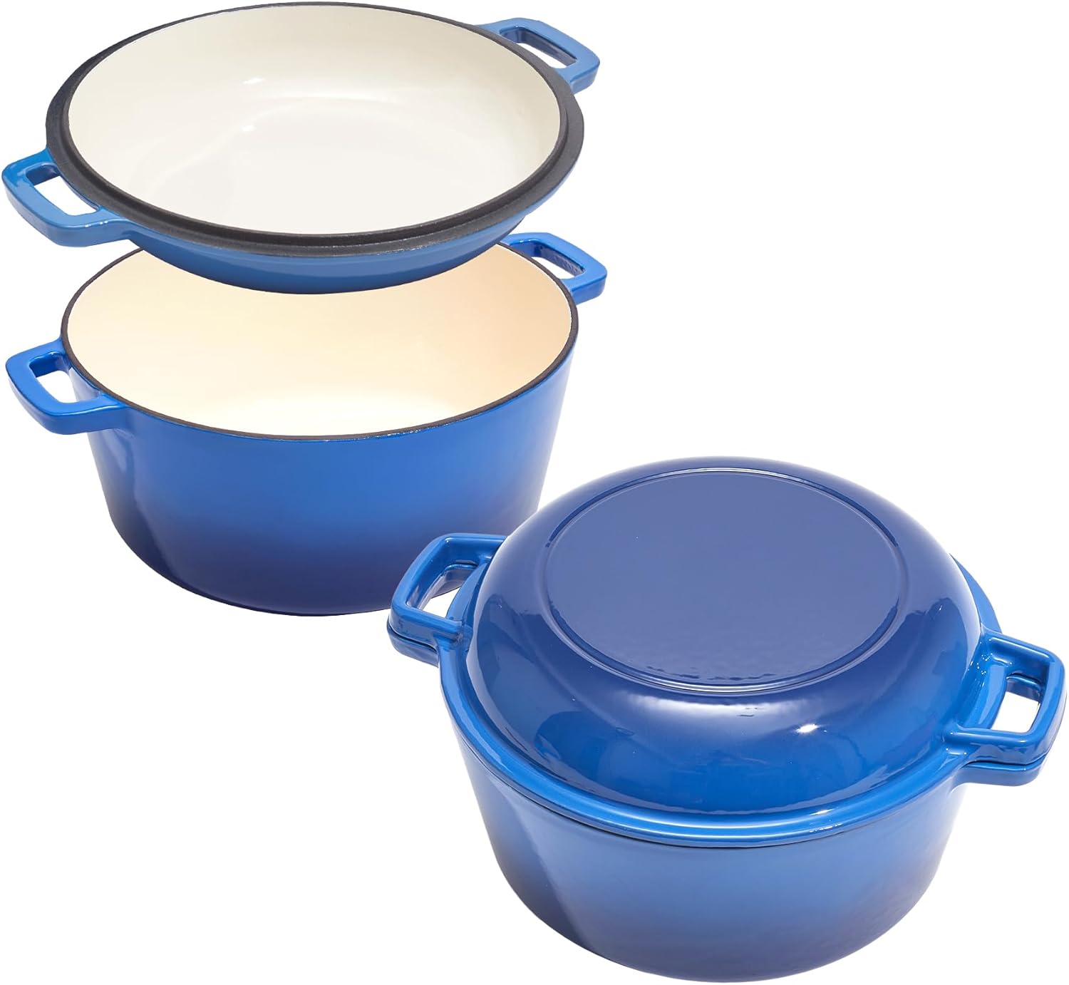 2 in 1 Enameled Cast Iron Dutch Oven Pot 6QT with 2QT Lid - Big Dual Handles - Oven Safe up to 500°F - Classic Round Pot for Versatile Cooking Blue - Image 2
