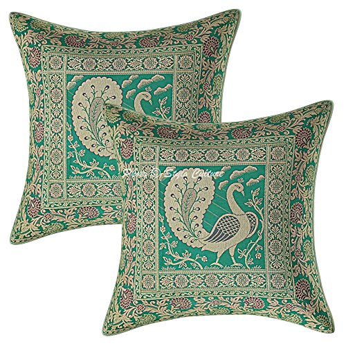 Image of Decorative Brocade Cushion Covers 16x16 Inch Banarasi Jacquard Weave Emerald Green & Gold Home Decor Peacock Traditional Square 40x40 cm Zippered Sofa Settee Pillowcases -Set of 2 Pcs