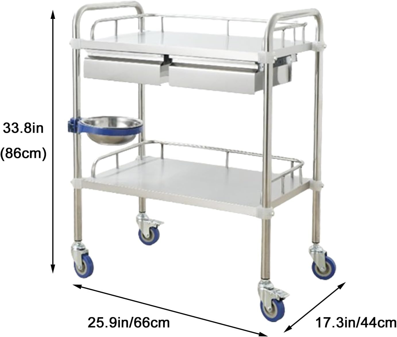 Lab Utility Cart, Stainless Steel Medical Cart with Two Drawers, Sturdy Stainless Steel Frame Lab Trolley, 360° Silent Rolling Wheels W/Foot Brake for Lab Clinic Salon, Triple Layer-66*44*86cm