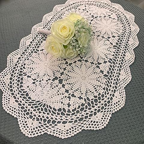 USTIDE Handmade Crochet Oval Table Runner 20"x31.5"Lace Doilies Table Dresser Scarf Décor Coffee Table Sofa TV Stand Decor Beige Cover