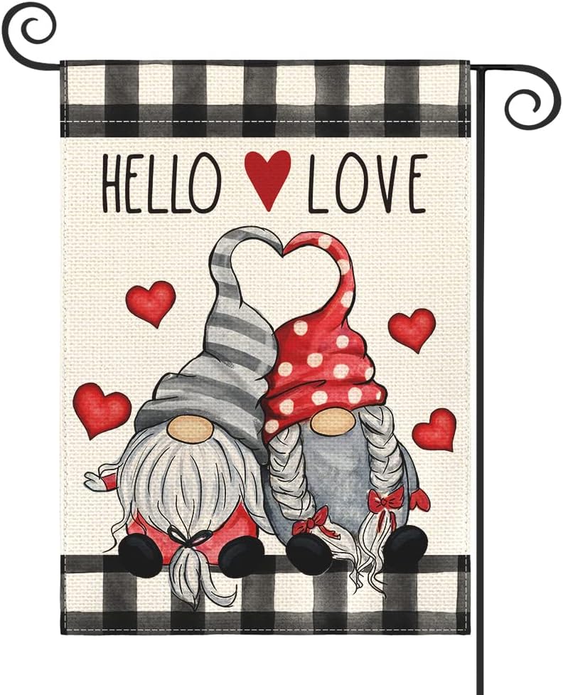AVOIN colorlife Hello Love Valentine's Day Gnome Garden Flag 12x18 Inch Outside Double Sided, Buffalo Plaid Rustic Farmhouse Yard Outdoor Decoration