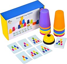 Quick Stacking Cups Games for Kids, Classic Matching Speed Cup with 50 Picture Cards, 12 Cups and Bell, Family Games for Party or Travel.