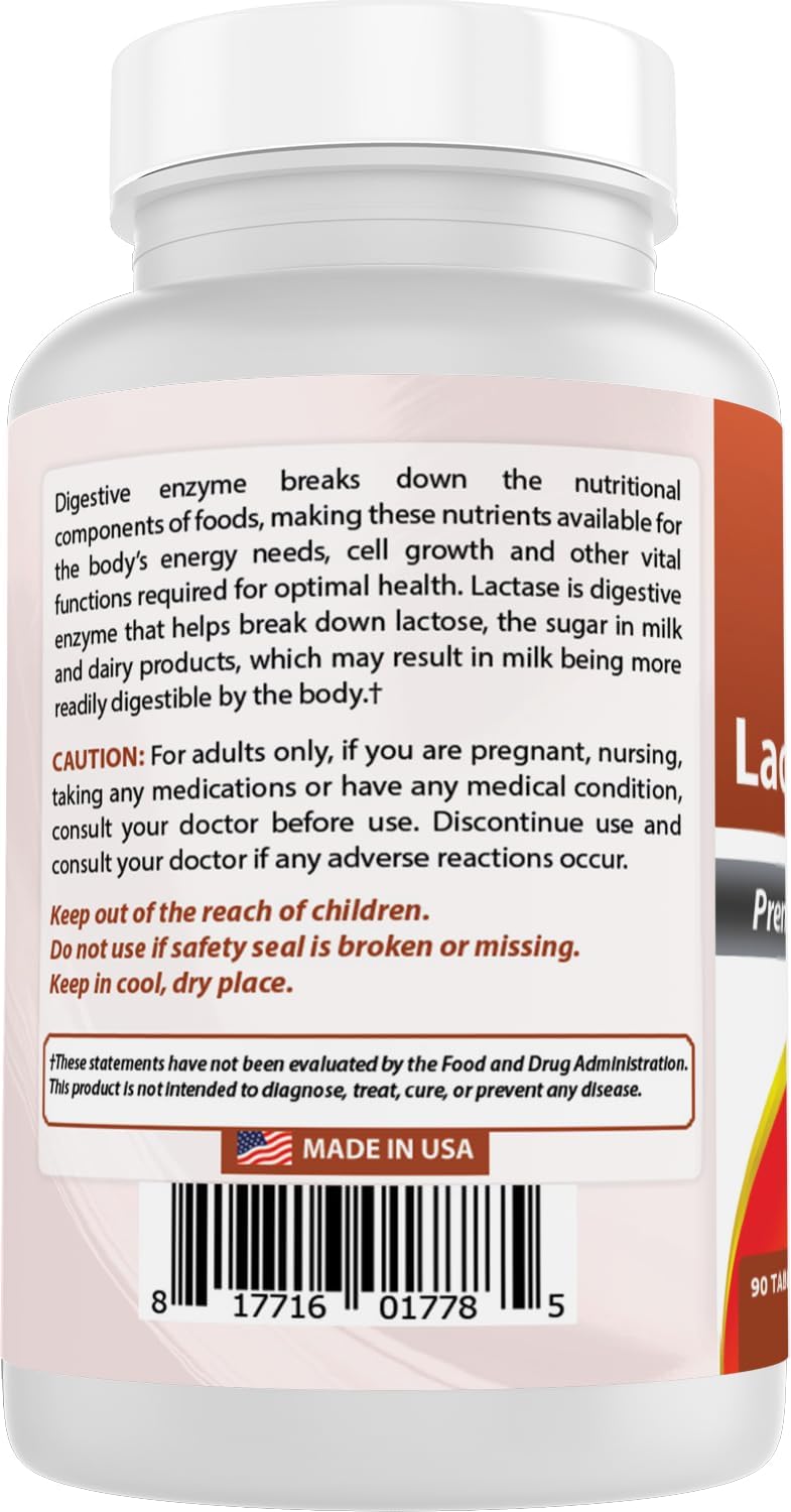 Best Naturals Lactose Intolerance Relief Tablets with Natural Lactase Enzyme, Fast Acting High Potency Lactase, 9000 FCC ALU, 90 Count - Image 6