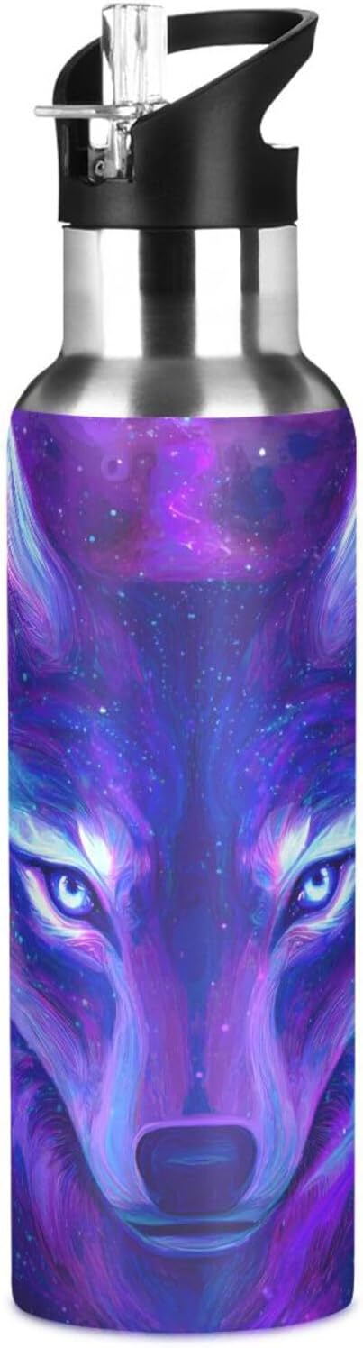 Wolf Water Bottle Wolf Cups Galaxy Water Bottle for Kids Girls with Straw Lid Wolves Insulated Stainless Steel Water Flask Sport Gym 20 oz