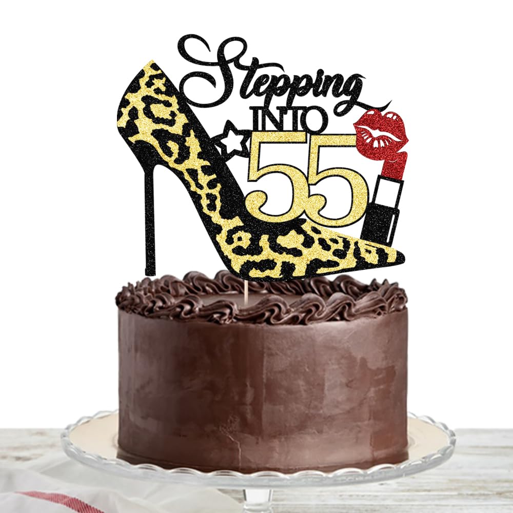 Stepping Into 55 Cake Topper,Funny 55th Birthday Party Decorations Supplies, Highheel Highheel lipstick Sign Cheers to 55 Years Cake Decorations。