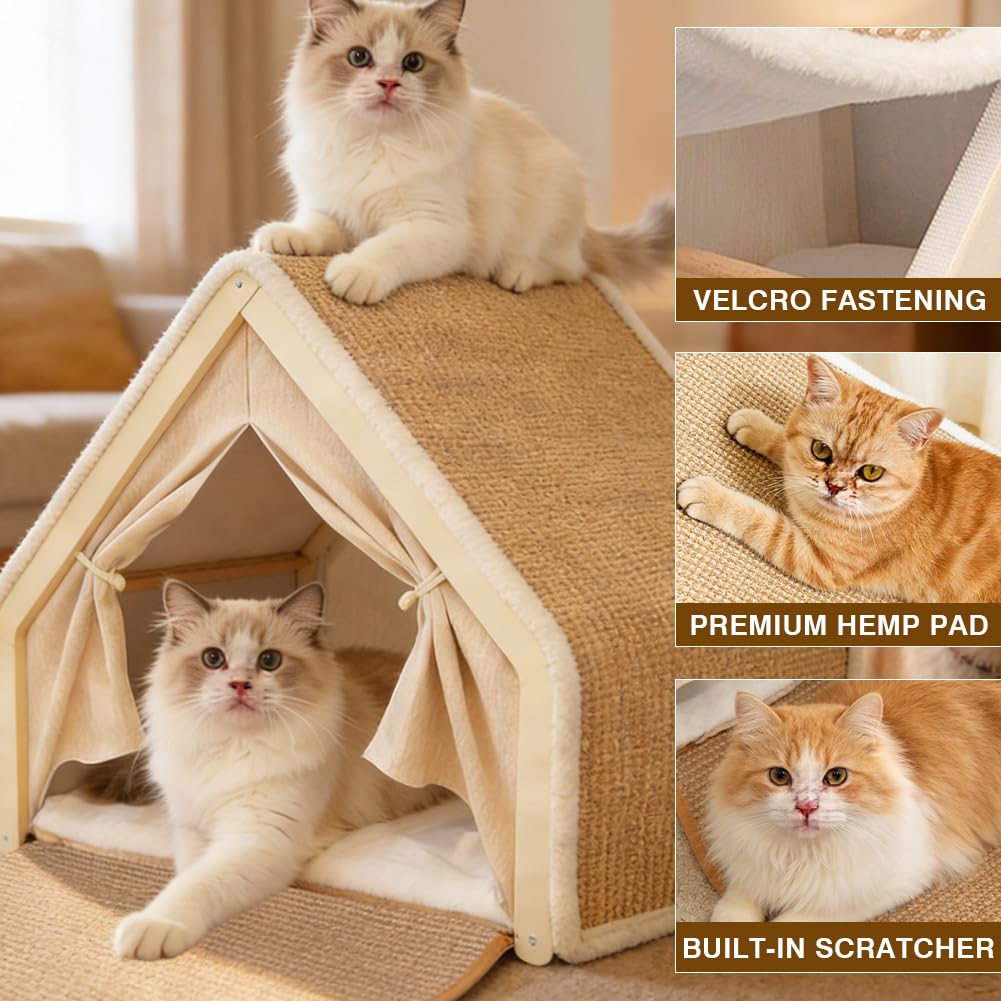 Tiragraffi di Natale per gatti, 2 in 1, in cartone e sisal, per due gatti, rifugio per gatti (beige, L)