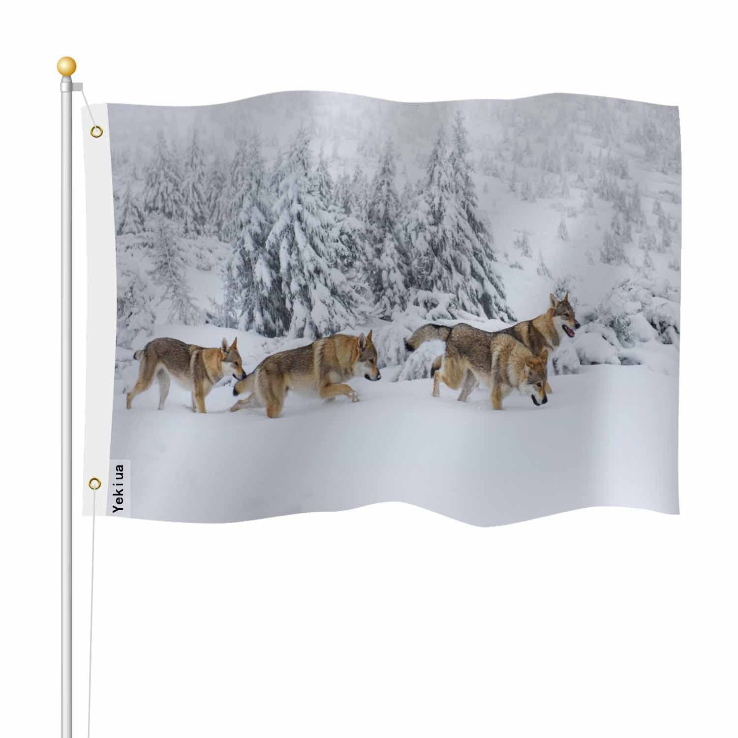 Yekiua Four Wolves Flag 3X5 Wildlife Fresh Snow In Mountains UV Fade Resistant Vivid Color - Canvas Header Double Stitched Flag With Brass Grommets