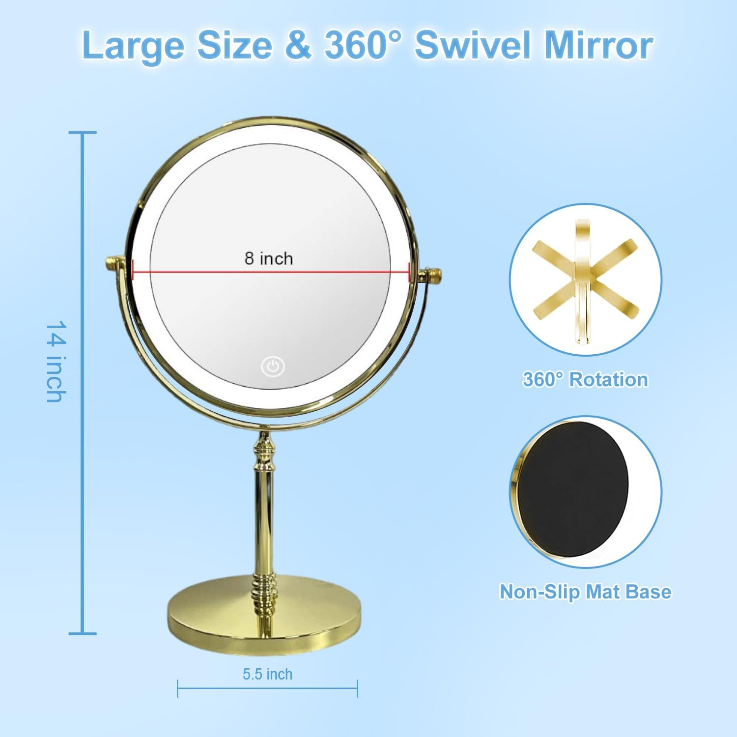 Lighted Makeup Mirror with Magnification, 8" Round 1X/10X Magnifying Mirror Swivel Touch Screen 3 Colors Dimmable, Type-C Rechargeable Vanity Mirror with Lights for Makeup Desk, Gold