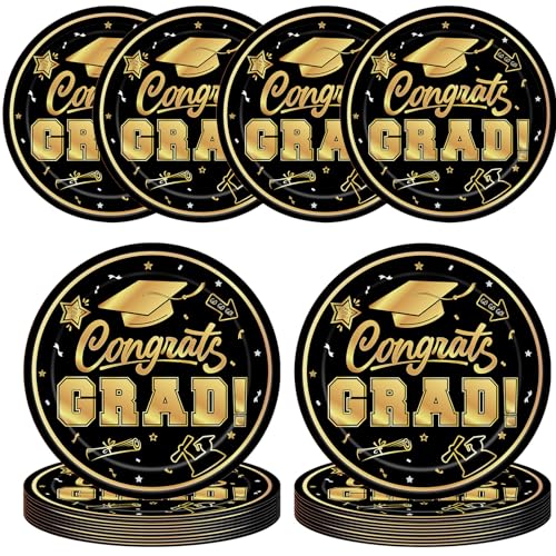 yinupet 48 Pcs Graduation Party Plates 2025 Graduation Party Dinnerware Disposable Paper Plates for Congrats Grad Class of 2025 Party Decorations (Black gold)