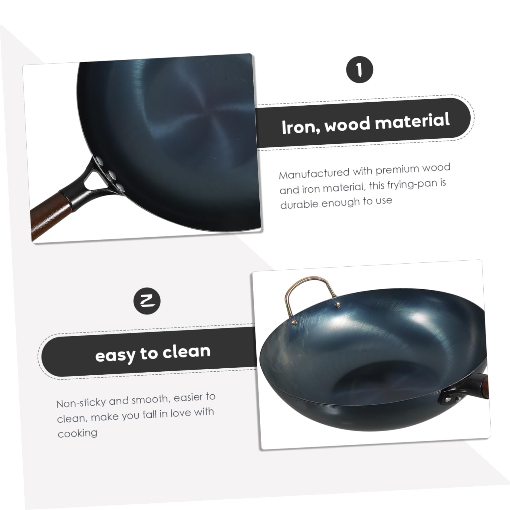 Ciieeo Sartén Wok Chino de Hierro Fondo Plano y Mango de Madera, Superficie Lisa Multifuncional Adecuado para Barbacoa y Cocina Tradicional
