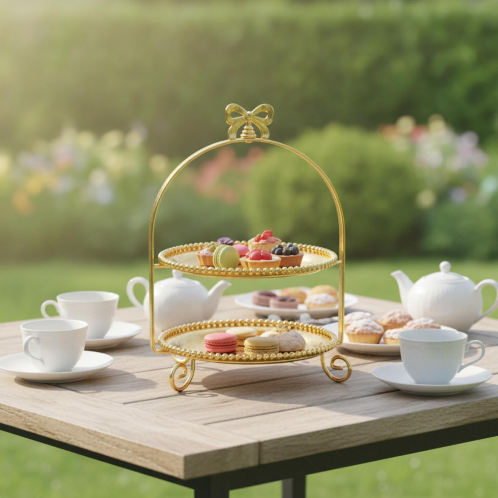 Présentoir à Dessert avec Poignée Papillon Argenté Présentoir à Gâteaux Vintage Support à Pâtisserie pour Anniversaire , 21 Cm , 9909-1G Doré, Deux Étages, Motif Papillon