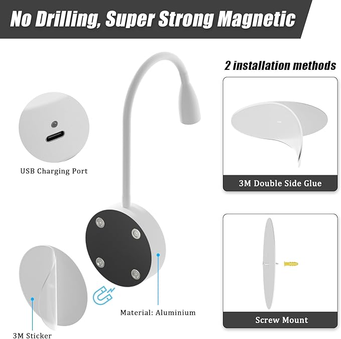 Klighten Klighten Leeslamp, draadloos, dimbaar, met afstandsbediening, batterij 2 W, led, bedlampje, wandlamp, verstelbaar, oplaadbaar, USB, 200 lm, 3000/4500/6000 K, wit, 2 stuks photo 2