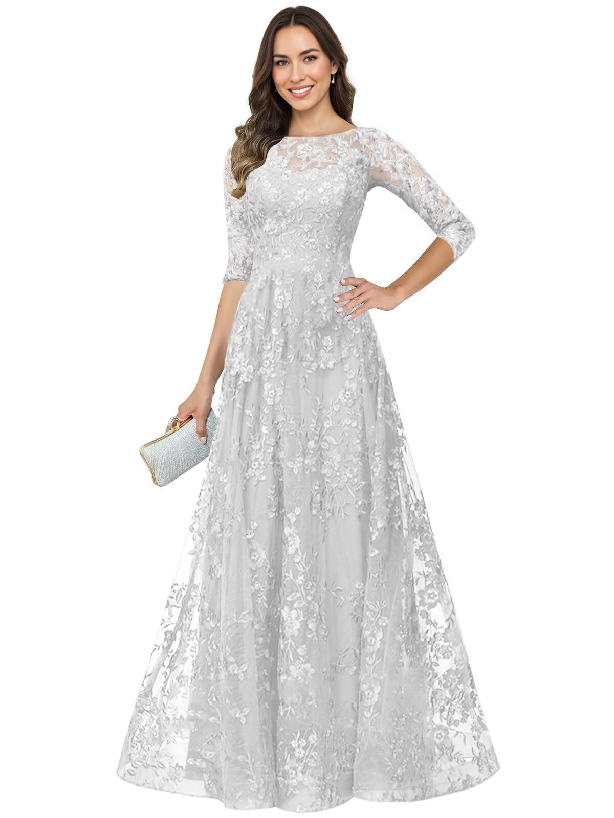 Lace Appliques Mother of The Bride Dresses - Sequins 3 4 Sleeves A Line Formal Evening Dress