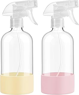 MIOBER ガラススプレーボトル シリコンスリーブ保護付き 16オンス 2個パック 再利用可能なスプレーボトル 調節可能なノズル付き 髪 洗浄液 植物用 ペールイエロー&ピンク