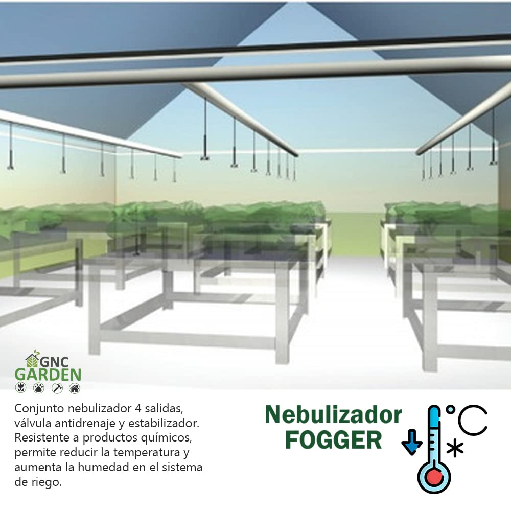 [Pack 50] Nebulizador fogger de 4 Salidas. Sistema de enfriamiento Profesional agrícola por nebulización. Nebulizador de riego con válvula Anti Drenaje. Radio de riego hasta 2mts