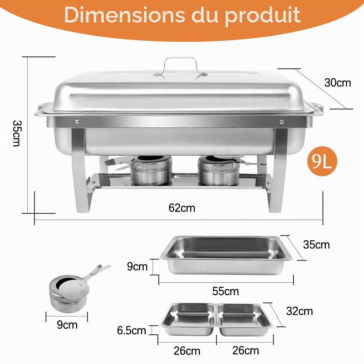 Chauffe-Plats en Acier Inoxydable, 9L Chafing Dish, Buffets Chauffants avec Pinces et Cuillères pour Fêtes, Mariage, Banquets, Restauration (4 pièces, 8 x GN 1/2)