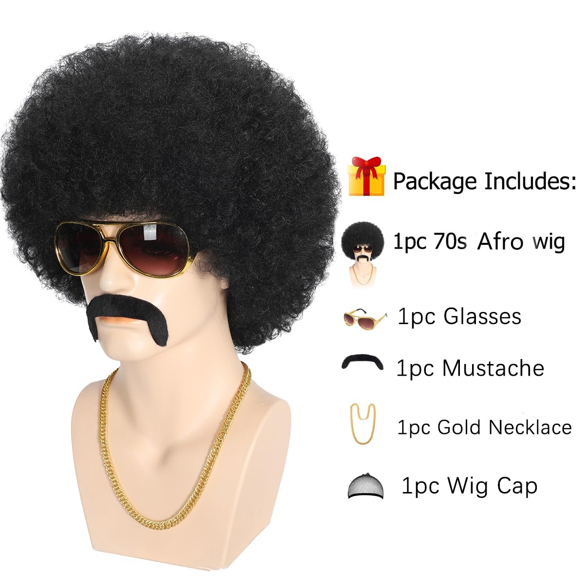 Afro Wigs Men, 5pcs Set (Wig+ Glasses+ Necklace+ Mustache+ Wig Cap) 70s Disco Costume Wigs for Men Short Black Curly Mens Wigs Fluffy Synthetic Funny Hair for Halloween Chrismas Cosplay Party - Image 4