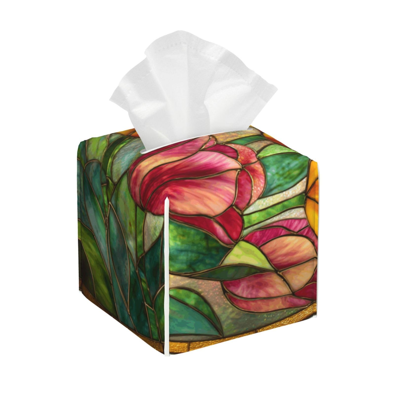 Stained Glass Tulip Yellow and Light Pink Flowers Tissue Box Cover Square Pu Leather Waterproof Tissue Box Holder for Car Bathroom Bedroom Office Tabletop Decor