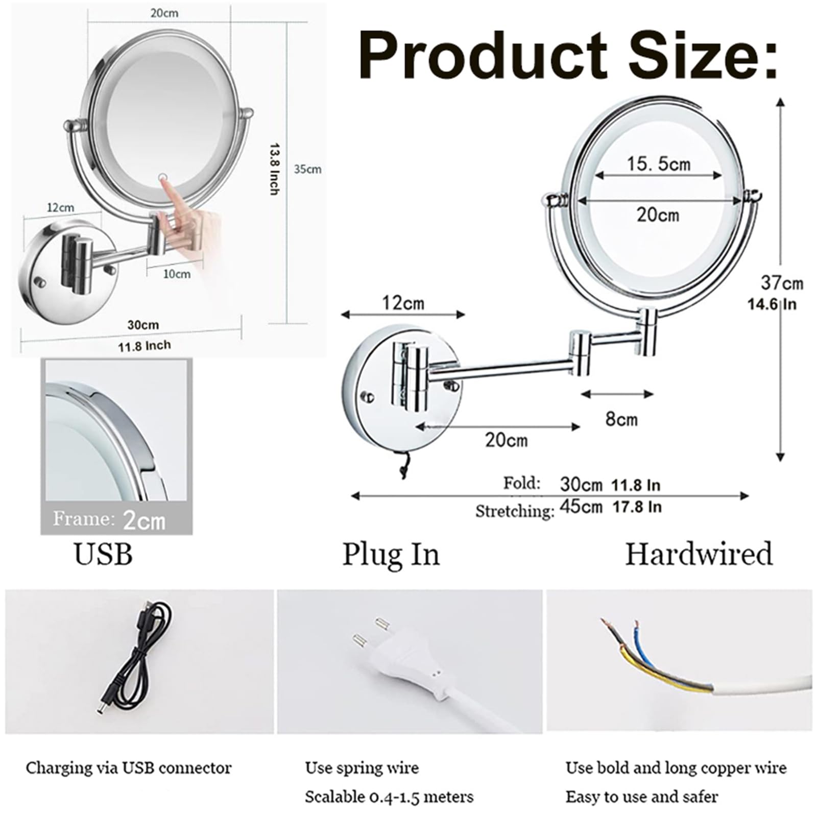 Make-up-Spiegel, 20,3 cm, Messing, Chrom, Wandmontage, wiederaufladbar, 2-seitige LED mit Touchscreen-Dimmung und 3 Farbeinstellungen, 1 x 10 x Magnifin, ideal für Badezimmer und Rasur