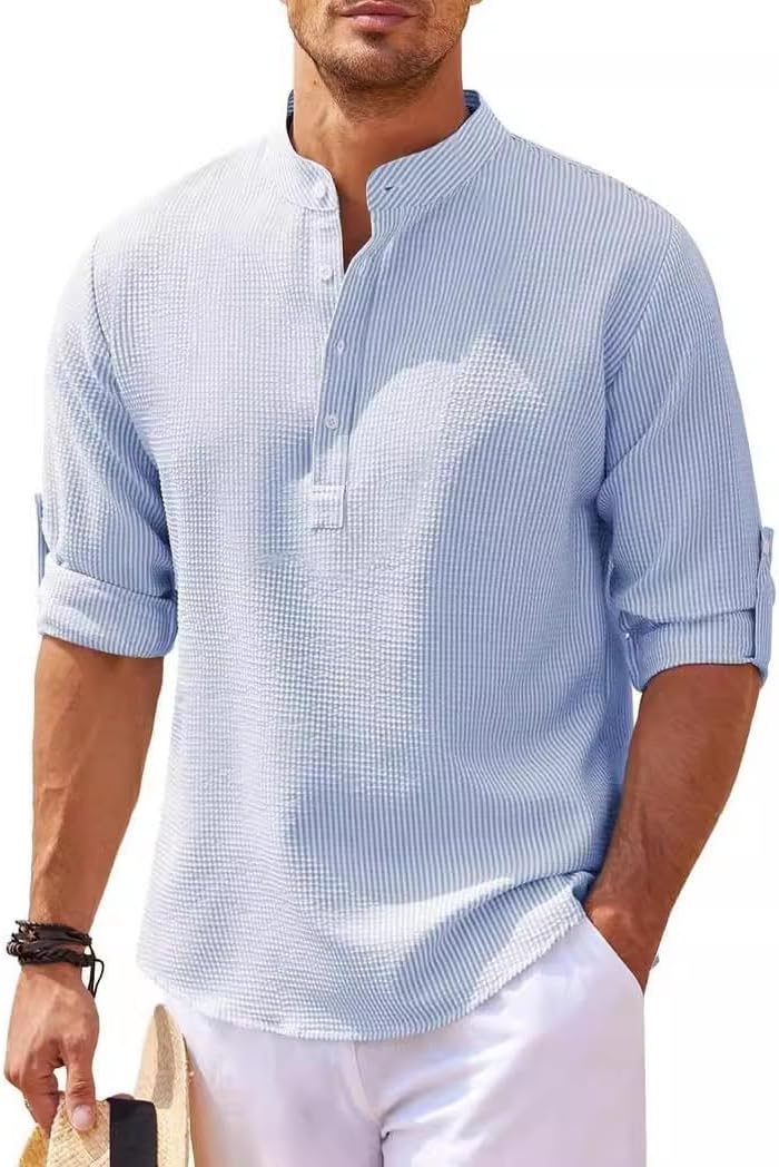 Men's Cotton Linen Long Sleeve Casual Henley Shirt Button Pullover Shirt