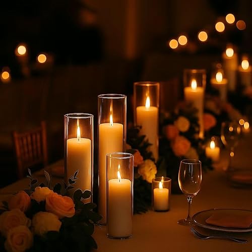 Miniatura 7 de Juego de 6 velas de pilar blancas con soportes de vidrio transparente para huracanes, elegantes jarrones cilíndricos para bodas, fiestas, centros de