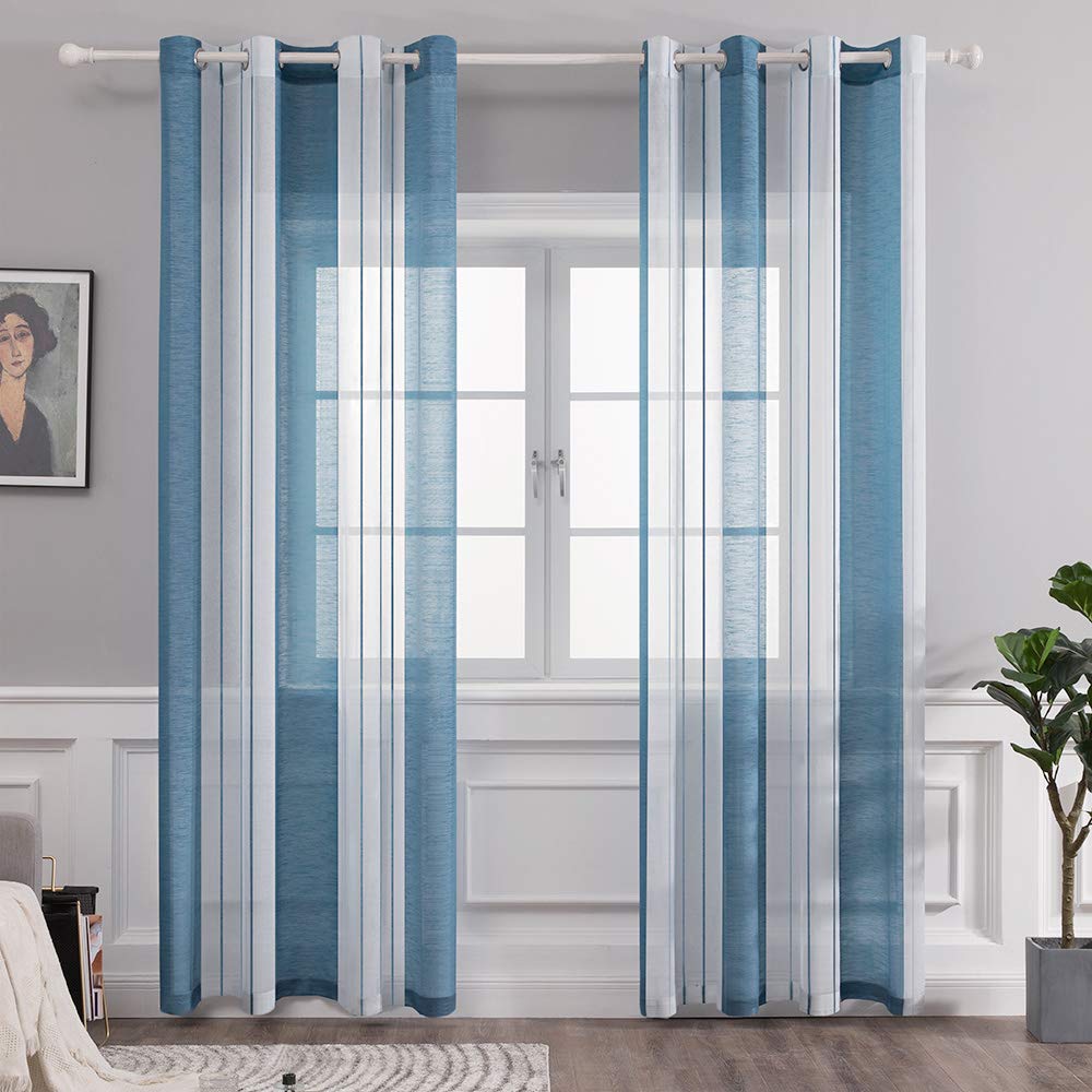 MIULEE Tende a Righe per Interni, Tende Trasparenti in Voile Tende Camera da Letto, Tenda Salotto Moderne con Anelli, Tenda a Pannello da Interno Finestra a Righe Bianche e Blu Denim, 2x 140x245 CM