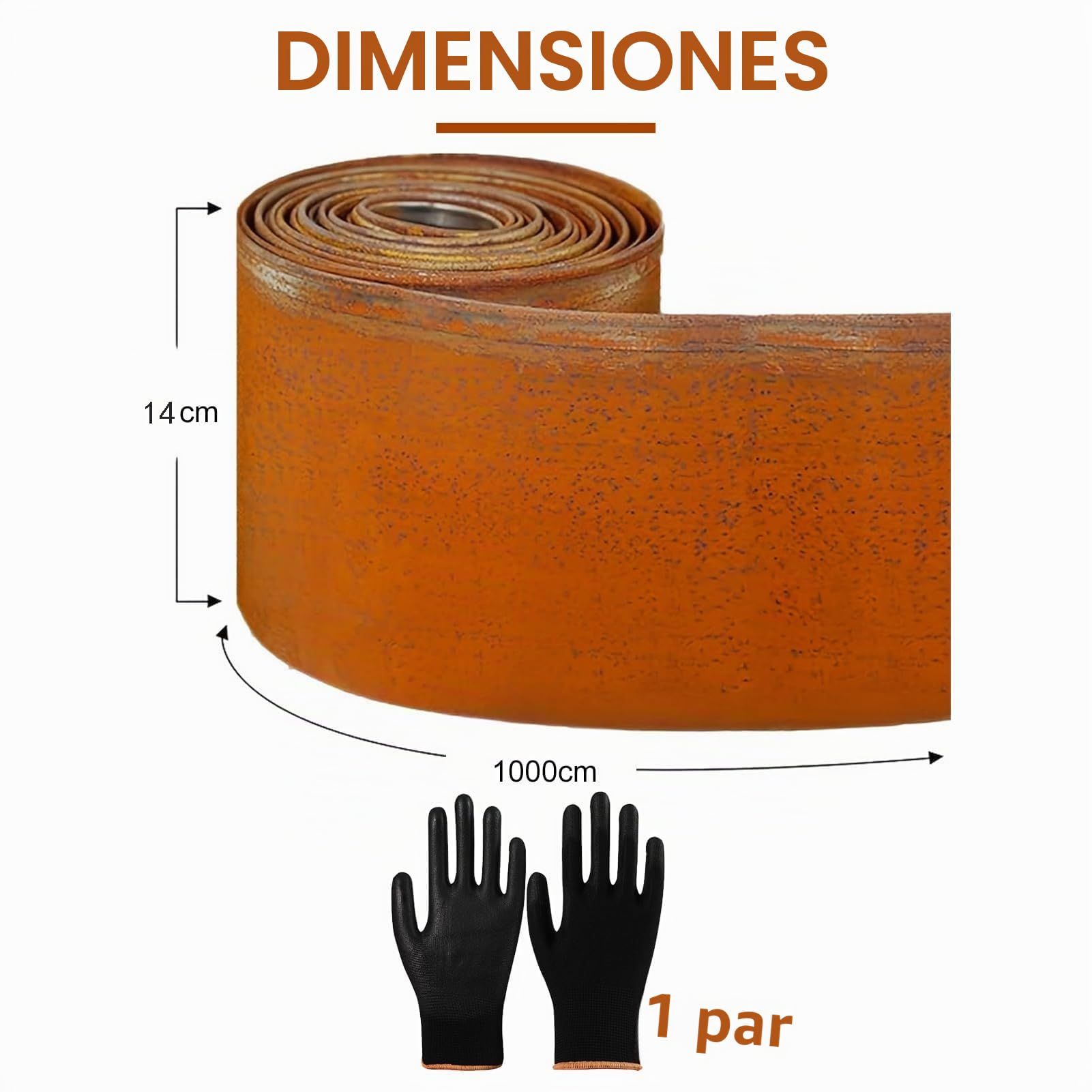 10 m x 15,5 cm de Alto, Borde de césped de Metal, Borde de césped de Acero corten, Aspecto Oxidado, Borde de arriate para Bricolaje, Borde de césped con 1 par de Guantes, Borde de césped galvanizado