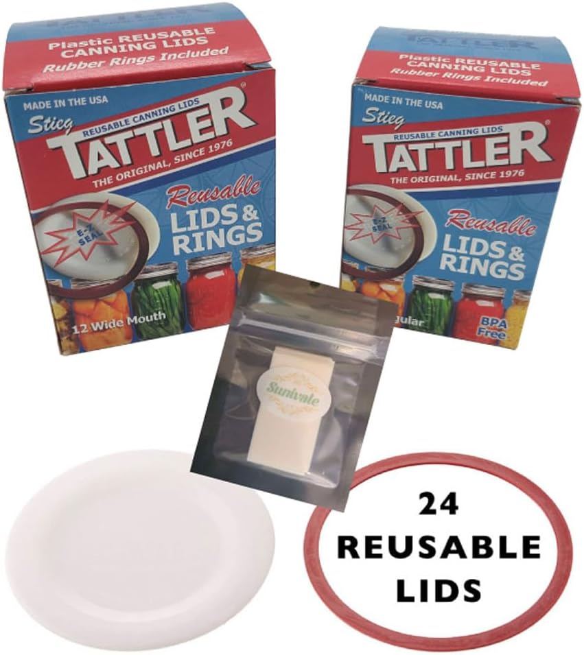 Reusable Canning Lids Bundle Includes 12 Wide and 12 Regular Mouth Tattler Lids and Rings and 24 Dissolvable Sunivale Jar Labels For Use With Hot Water Bath and Pressure Canning Methods Made in USA
