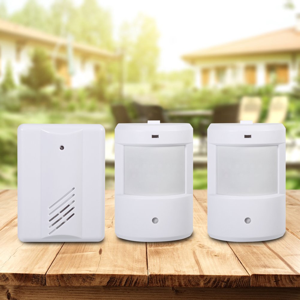 Sensore di Movimento con Allarme Wireless Rilevatore di Movimento Infrarossi con Allarme a Induzione Kit Campanello da Esterno(1 Ricevitore + 2 trasmettitori)